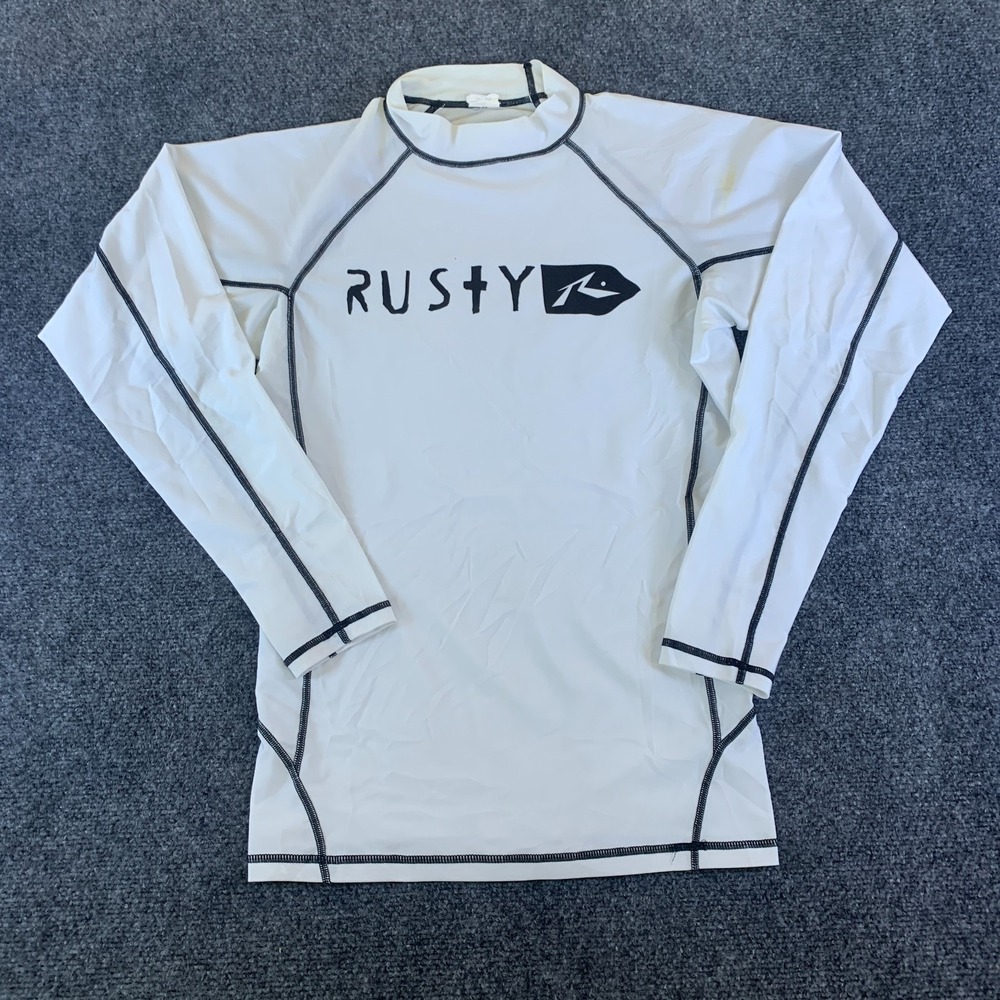 Rusty Rash Guard Men XL White Stretch Contrast Stitching High Neck Pullover Logo